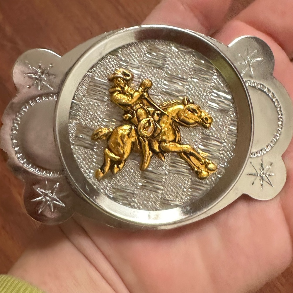 Vintage Made In Japan Silver/Gold Tone Cowboy Horse Men’s Cowboy Belt Buckle